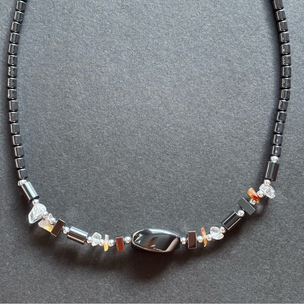 Hematite Quartz Bead Block Chain Necklace | Length 16.5 IN - Picture 6 of 6